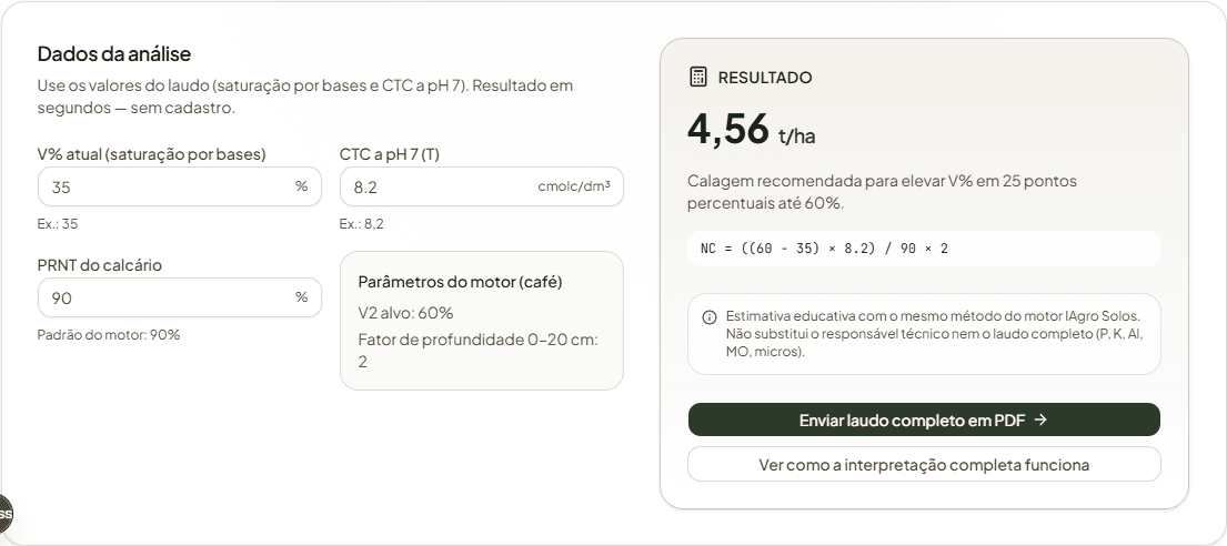Captura da calculadora pública de calagem do IAgro Solos
