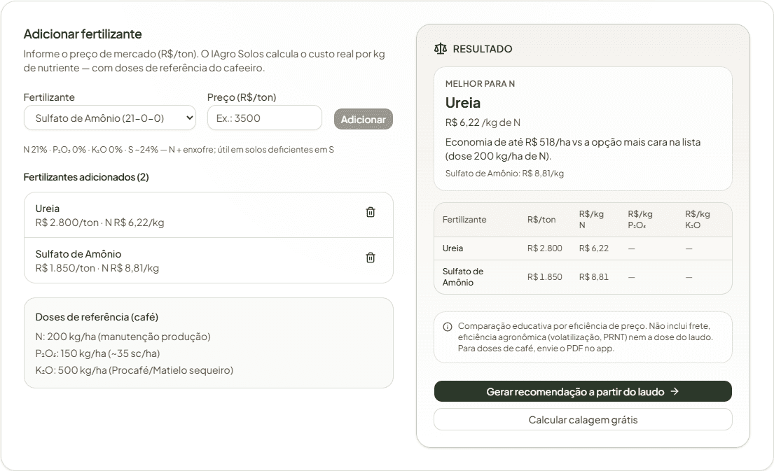 Captura do comparador NPK com resultado para ureia e sulfato